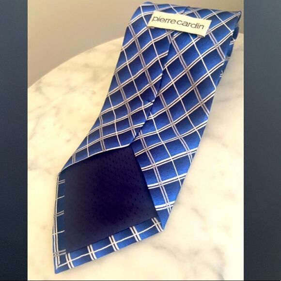 PIERRE CARDIN Multiple Blue Diaganol Striped Checkered 100% Silk Tie - Picture 11 of 11